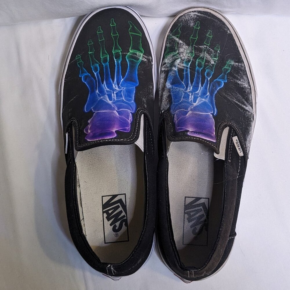 Vans Black Slip-On Loafers with Blue and Purple Skeleton Design
